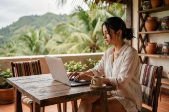 Digital nomade travaillant sur son ordinateur portable dans un café en plein air à Mazunte, Mexique, entourée de végétation tropicale