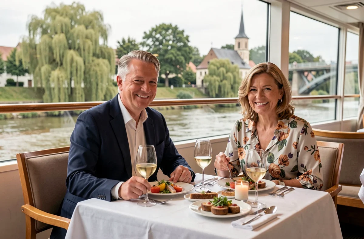 Couple en train de dîner à bord d'un bateau de croisière sur le Rhin avec vue panoramique sur le fleuve