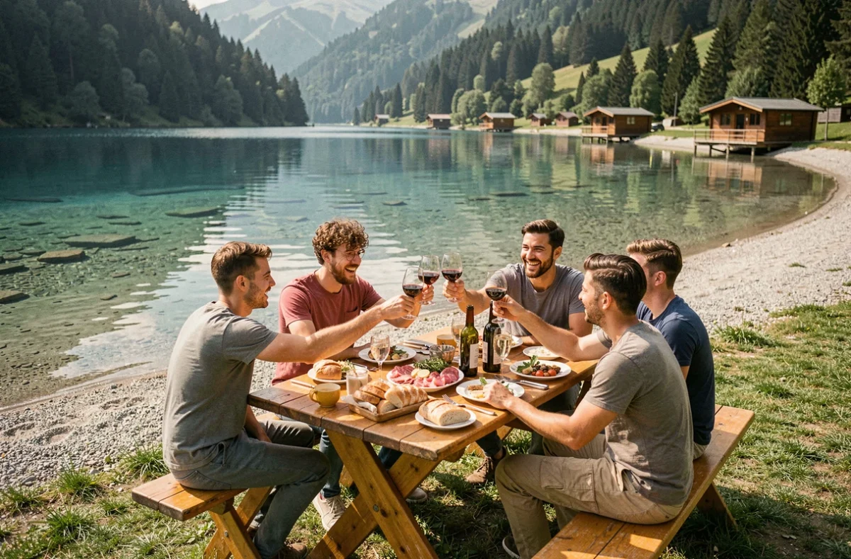Groupe d'amis partageant un repas sur la rive sud du lac de Chalain au Domaine de Chalain dans le Jura