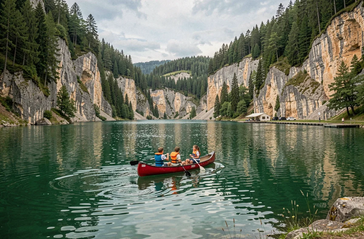 Famille en canoë sur le lac de Vouglans au Domaine de l'Épinette dans le sud du Jura, entourée de falaises et forêts
