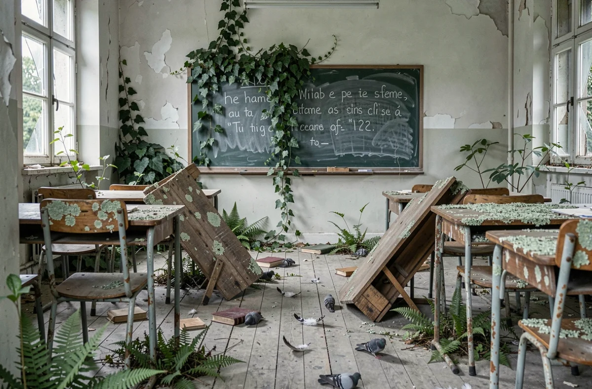 Salle de classe abandonnée dans un village fantôme français, avec fougères et lierre poussant entre les vieux pupitres en bois