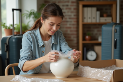 Femme emballant un vase en porcelaine avec soin