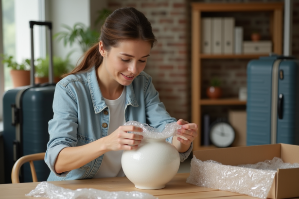 Femme emballant un vase en porcelaine avec soin