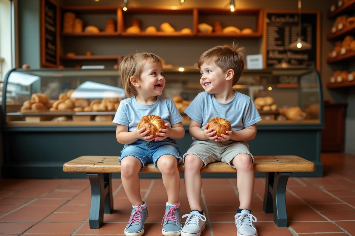 Deux enfants savourant un pain au chocolat dans une boulangerie traditionnelle de Bordeaux pendant une journée de visite en famille