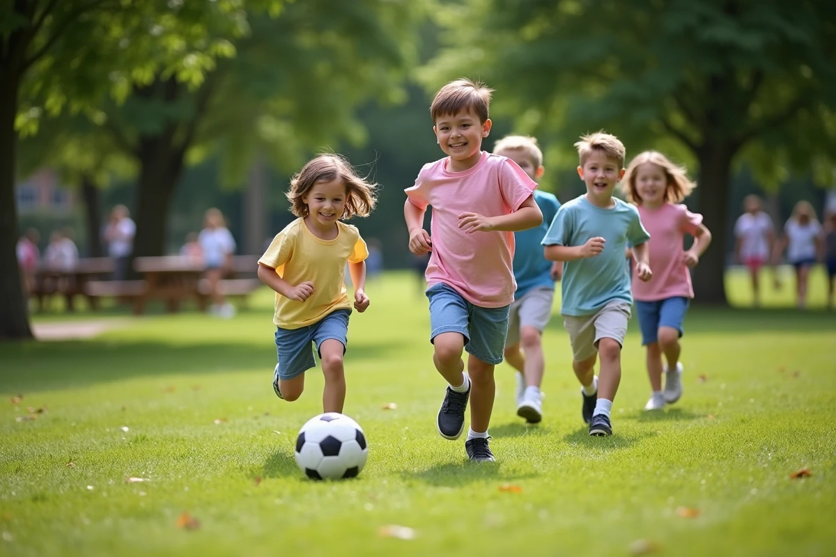 Enfants jouant au soccer dans un parc en plein air