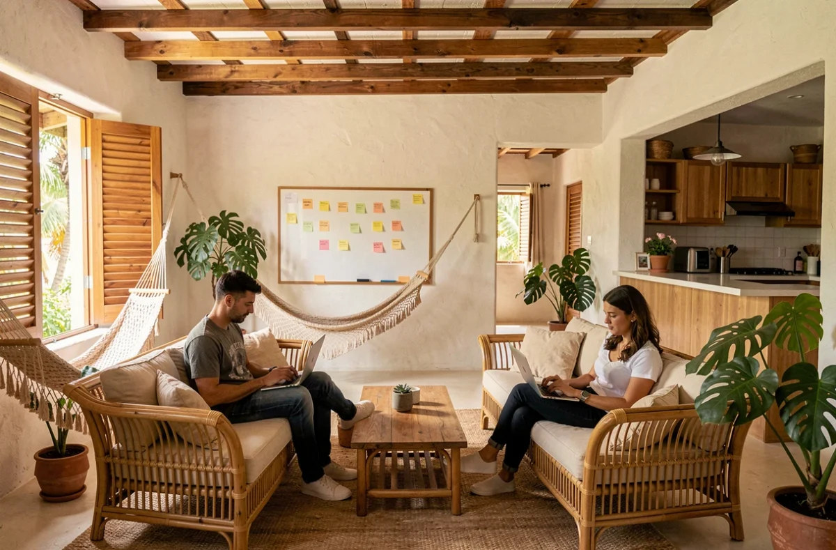 Espace de coliving à Mazunte avec deux nomades numériques travaillant dans un salon commun au style tropical mexicain