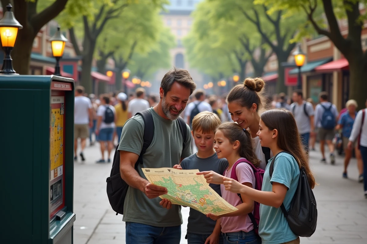 Famille consultant un plan du parc Disneyland Paris devant une borne FastPASS pour organiser leur journée sans file d'attente