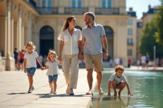 Famille avec enfants profitant du Miroir d'eau de Bordeaux devant la Place de la Bourse lors d'une visite en journée