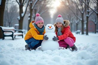 Famille construisant un bonhomme de neige en hiver