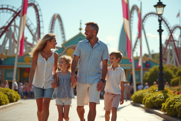 Famille souriante devant un parc d'attractions européen