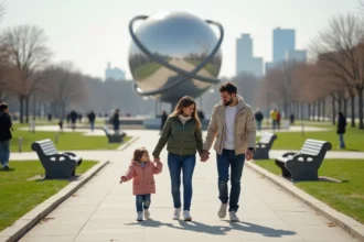 Famille souriante dans le parc avec l'Unisphere en arrière-plan