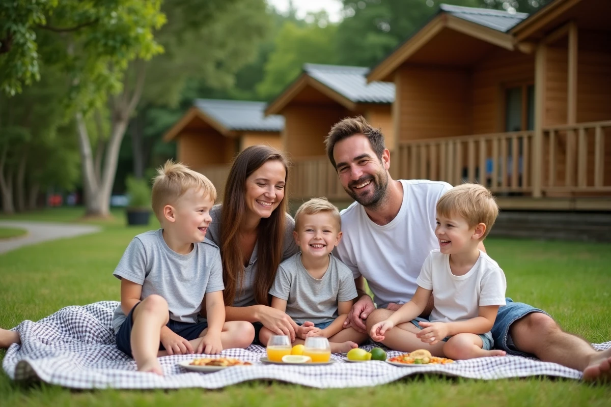 Famille souriante partageant un pique-nique en plein air