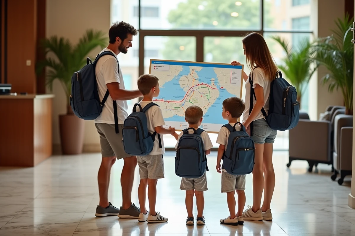 Famille avec sac à dos examine plan de Dubai dans le lobby