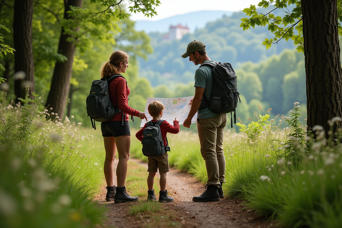 Famille en randonnée dans la campagne française