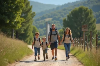Famille souriante en randonnée dans le parc Espagne Aventura