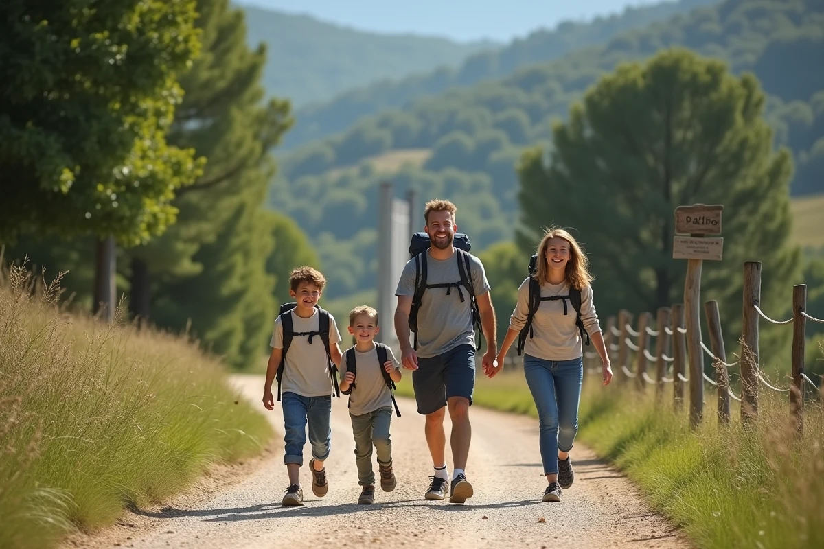 Famille souriante en randonnée dans le parc Espagne Aventura