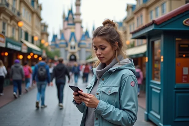 Jeune femme tenant un ticket FastPASS à l'entrée d'une attraction à Disneyland Paris, consultant son smartphone pour optimiser sa stratégie de visite