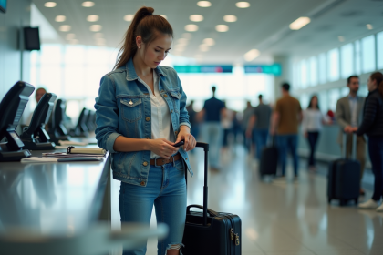 Jeune femme au check-in d'aéroport avec sac à main