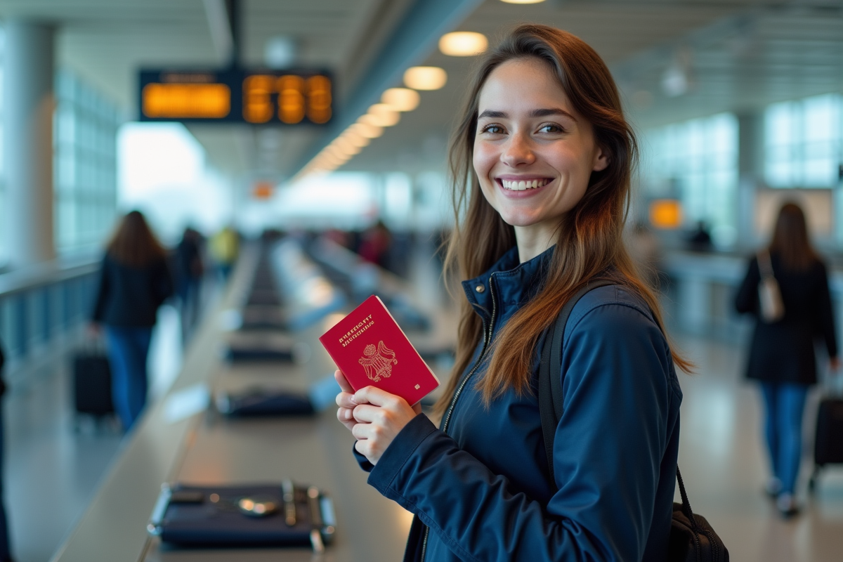 Jeune femme souriante avec passeport rouge à l'aéroport