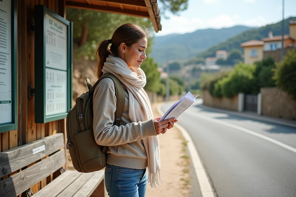 Femme en attente à un arrêt bus dans la campagne méditerranéenne