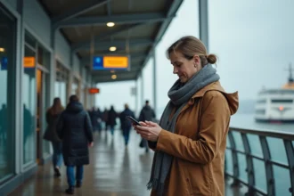 Femme en imperméable à la gare maritime avec ticket numérique