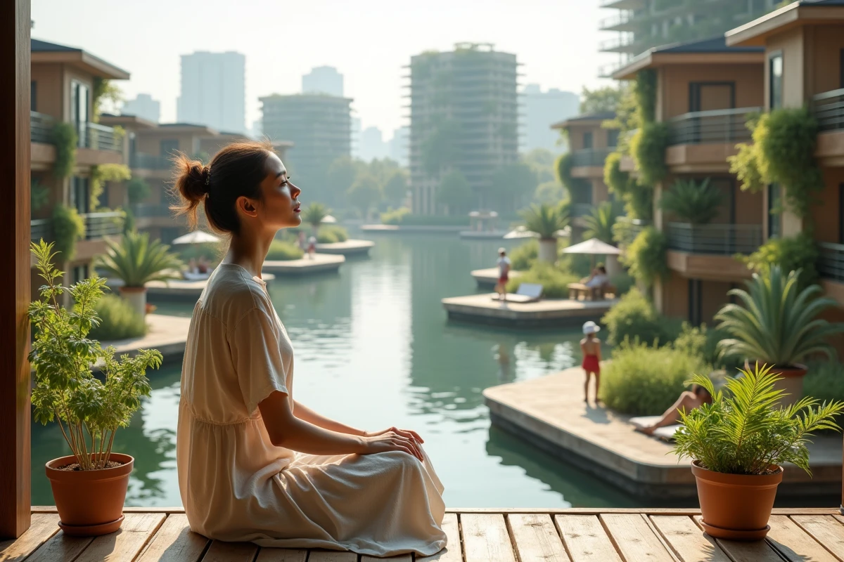 Femme assise sur un balcon en ville flottante écologique