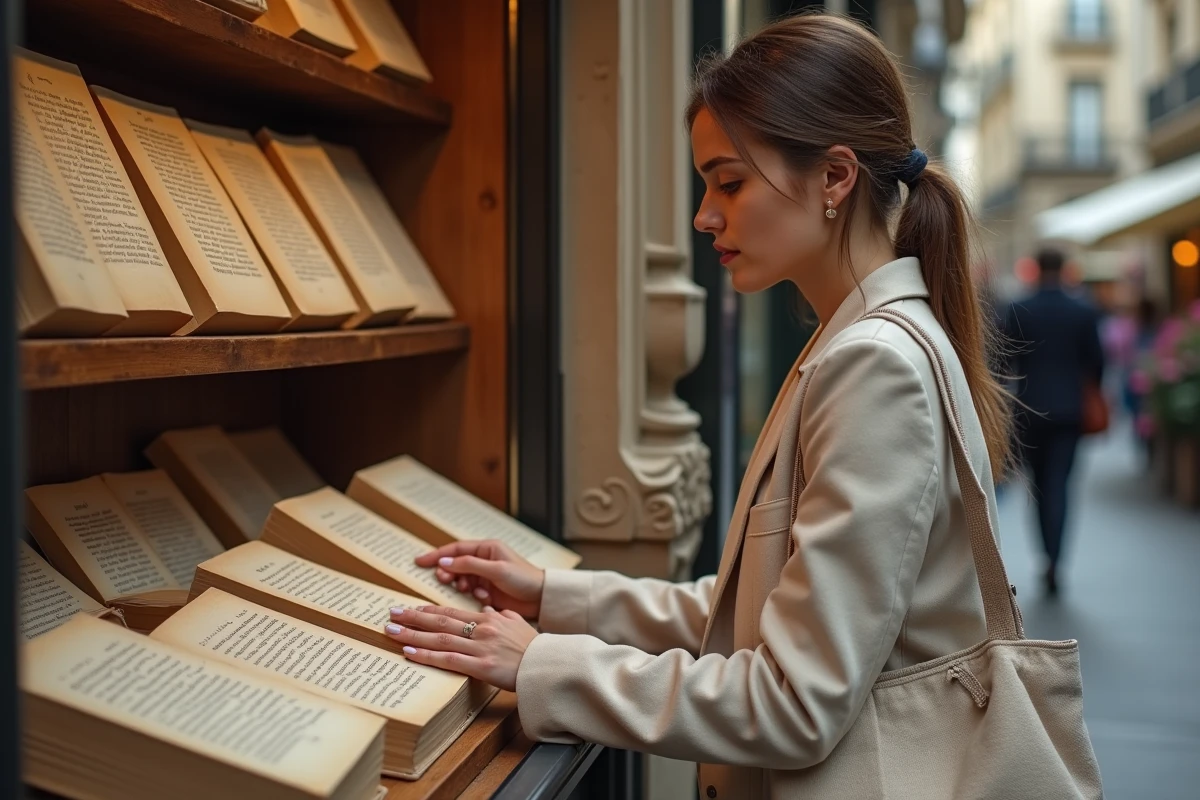 Femme feuilletant des livres anciens chez un bouquiniste du passage Vivienne à Paris