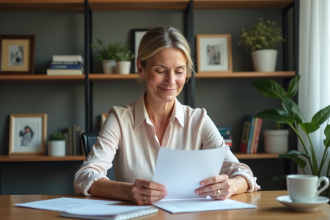Femme d'âge moyen lisant une lettre dans un bureau cosy