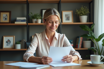 Femme d'âge moyen lisant une lettre dans un bureau cosy