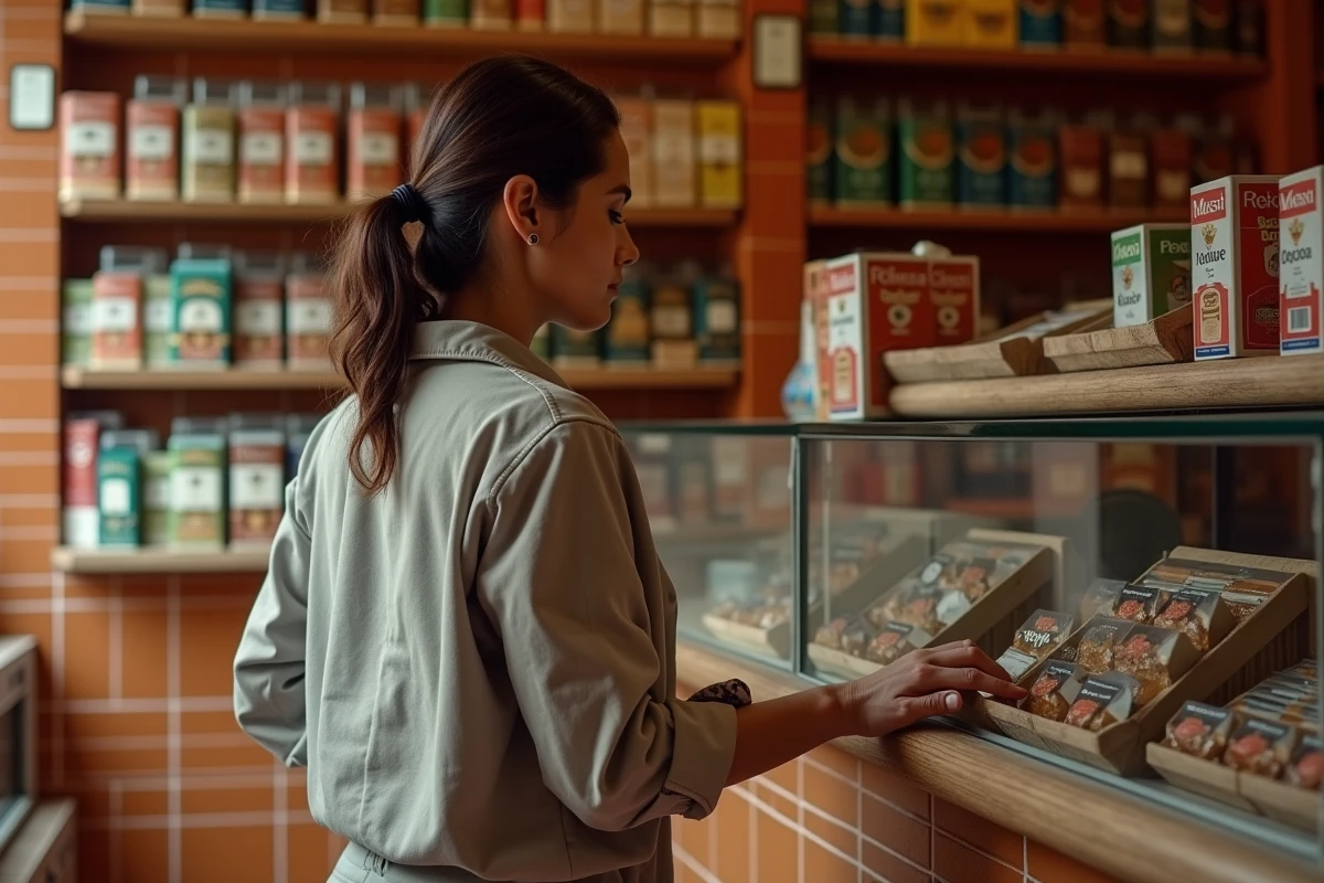 Femme dans un bureau de tabac espagnol examinant des paquets de tabac à rouler sur un étalage de boutique