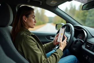 Femme consulte une carte hors ligne sur smartphone dans une voiture en zone rurale sans réseau mobile