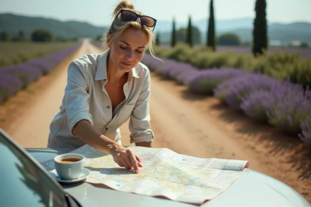 Femme consultant une carte Michelin dépliée sur le capot d'une voiture lors d'un trajet de vacances en France