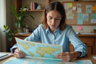 Femme consultant une carte géographique papier pour trouver une ville introuvable dans un pays étranger
