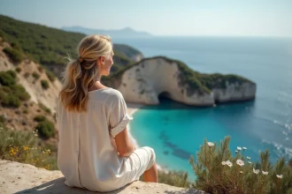 Femme méditant sur un mur en Crete avec vue sur la mer turquoise