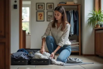 Femme organisant ses vêtements dans une valise à la maison