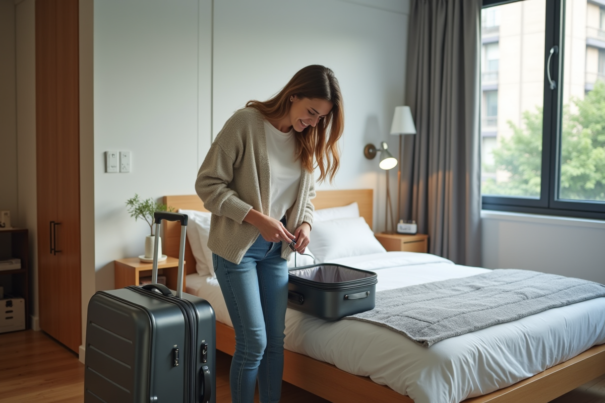 Jeune femme préparant sa valise dans une chambre moderne