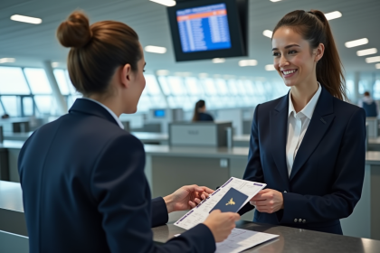 Femme en costume navy à l'aéroport lors de l'enregistrement
