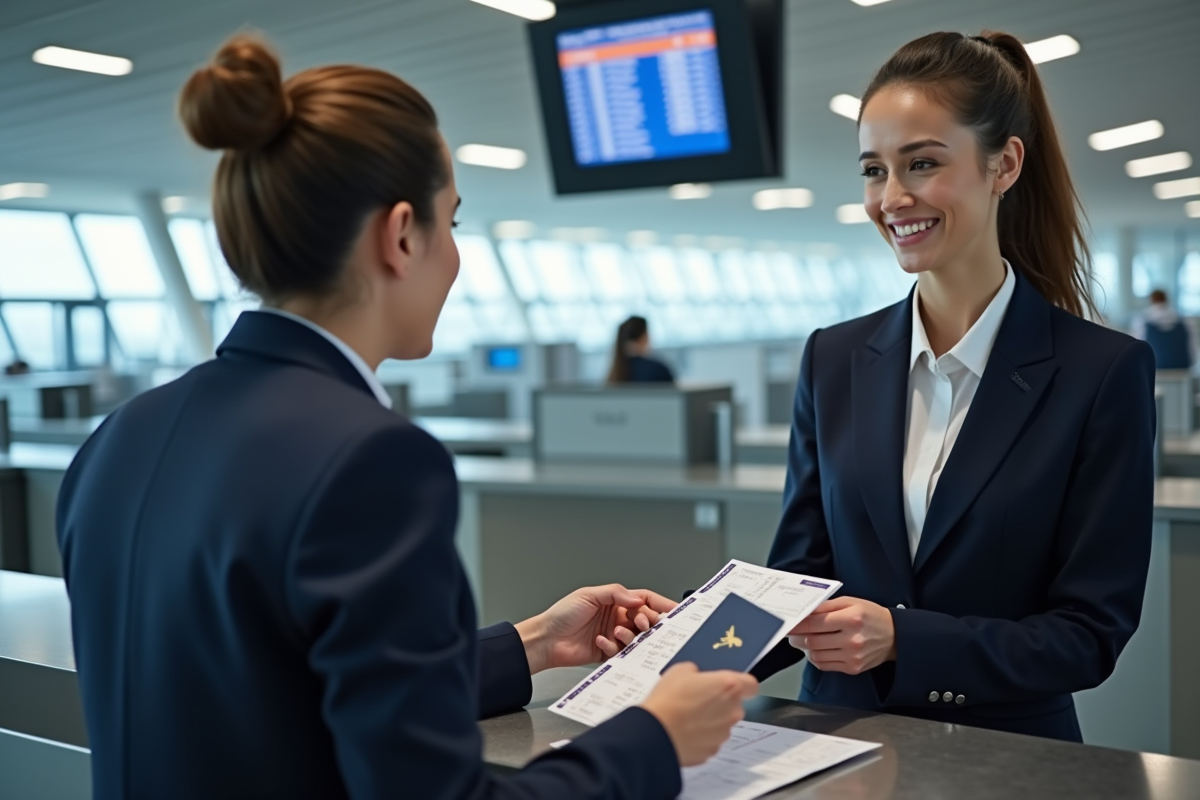Femme en costume navy à l'aéroport lors de l'enregistrement