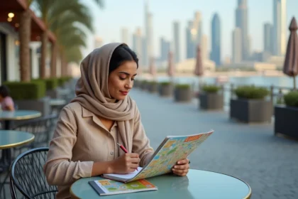 Jeune femme au café à Dubai avec carte touristique