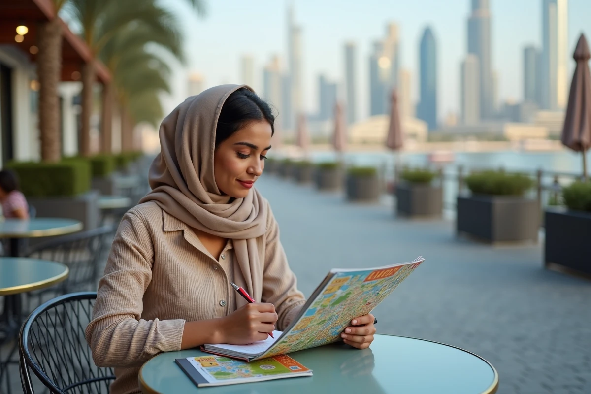 Jeune femme au café à Dubai avec carte touristique