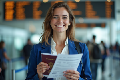 Femme française souriante avec passeport et documents de visa