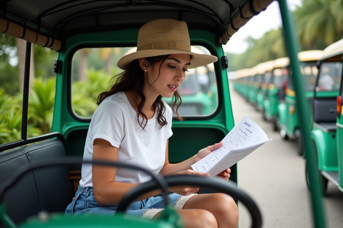 Jeune femme française dans un tuk tuk vert en regardant une liste de prix