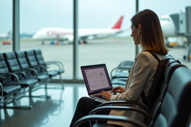 Femme consultant Google Flights sur un ordinateur portable dans un terminal d'aéroport pour comparer les prix de vols long-courriers