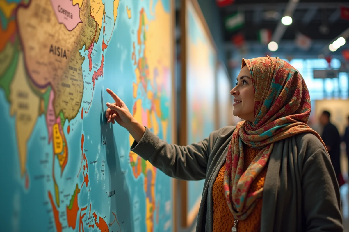 Femme pointant la carte de Dubai dans un centre culturel