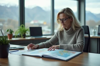 Femme islandaise regardant des cartes d'Europe dans un bureau