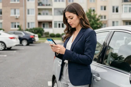 Femme consultant un itinéraire sur son smartphone avant de partir au travail depuis son domicile