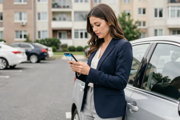 Femme consultant un itinéraire sur son smartphone avant de partir au travail depuis son domicile