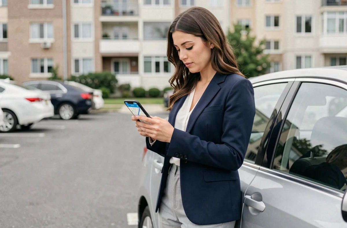Femme consultant un itinéraire sur son smartphone avant de partir au travail depuis son domicile