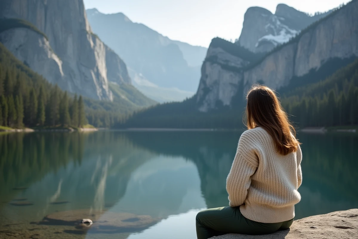Jeune femme assise sur un rocher au bord d'un lac alpin dans le parc de Yosemite, reflet du Half Dome dans l'eau calme