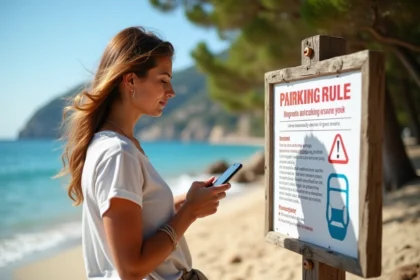 Femme lisant un panneau de stationnement à Palombaggia